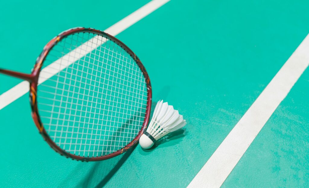 shuttlecock on badminton playing court